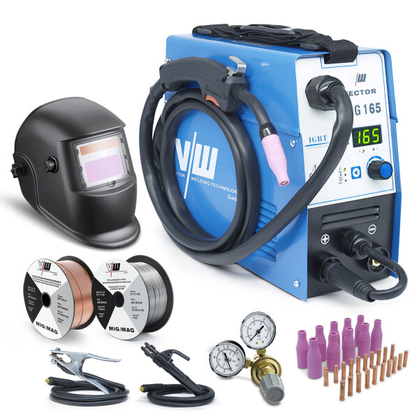 MIG welder with/without gas 165A, MMA 160A, IGBT, set with welding helmet, 2kg wire & accessories | MIG165