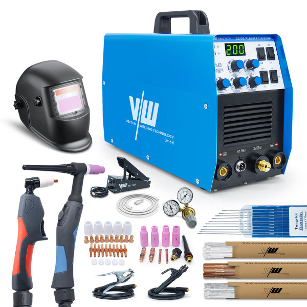 AC/DC TIG welder SET with 50A plasma cutter, helmet, foot pedal & accessories | 200P Analog